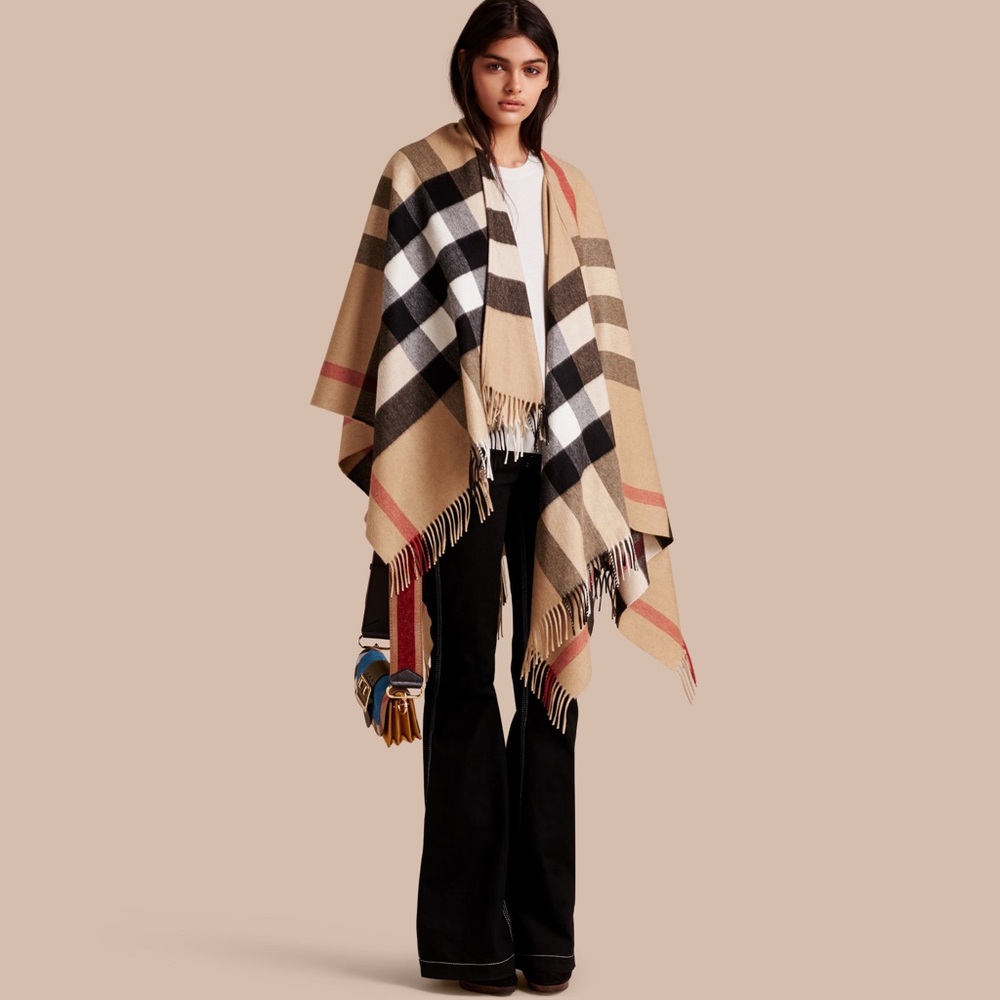 Burberry Collette Merino Wool & Cashmere Check Fringe-Trim Cape